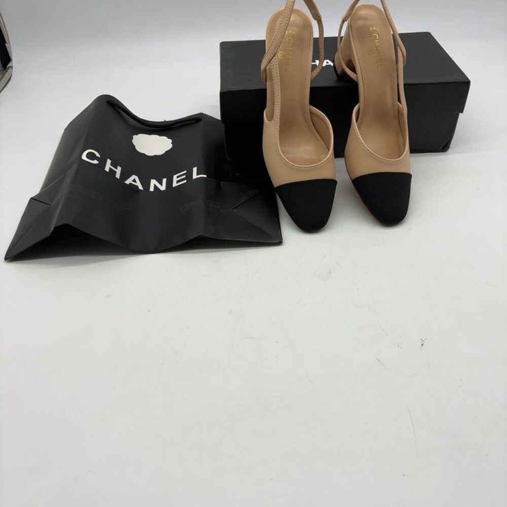 CHANEL​​​​​​​​​​ Lambskin Two Tone Cap Toe Slip-On Slingback Heels